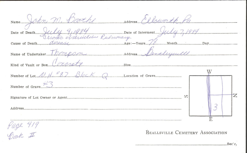 John Mitchell Booth burial card